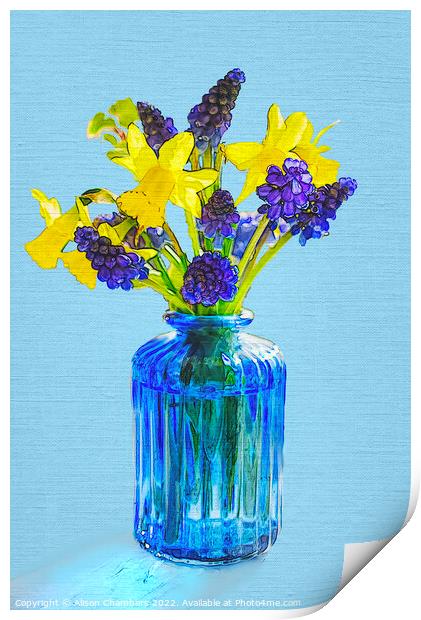Spring Flowers In A Blue Glass Bottle  Print by Alison Chambers