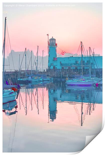 Scarborough Lighthouse Sunset, North Yorkshire Coa Print by Alison Chambers