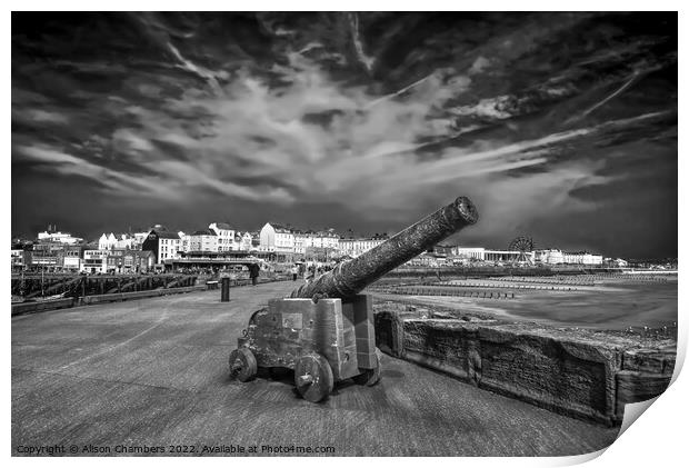 Bridlington North Pier Cannon monochrome, Yorkshir Print by Alison Chambers