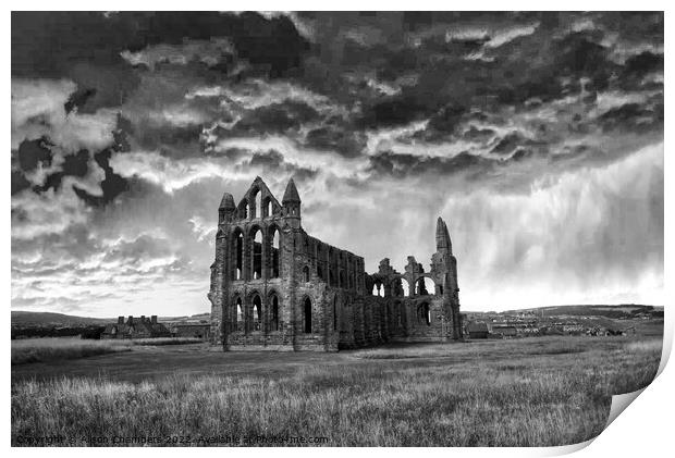 Whitby Abbey Storm Clouds Monochrome  Print by Alison Chambers