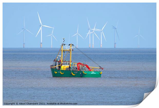 Skegness Boat and Wind Farm Print by Alison Chambers