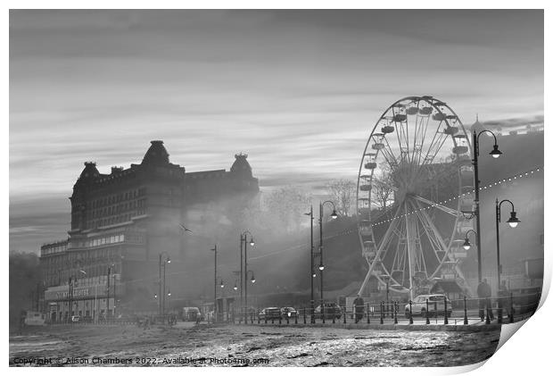 Scarborough Beach Sunset Monochrome  Print by Alison Chambers