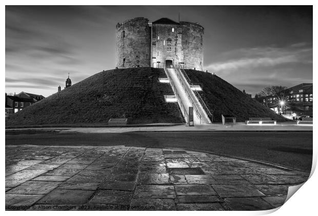 Cliffords Tower At Night Monochrome  Print by Alison Chambers