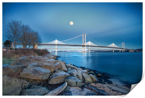 Forth Bridges By Moonlight Print by Alison Chambers