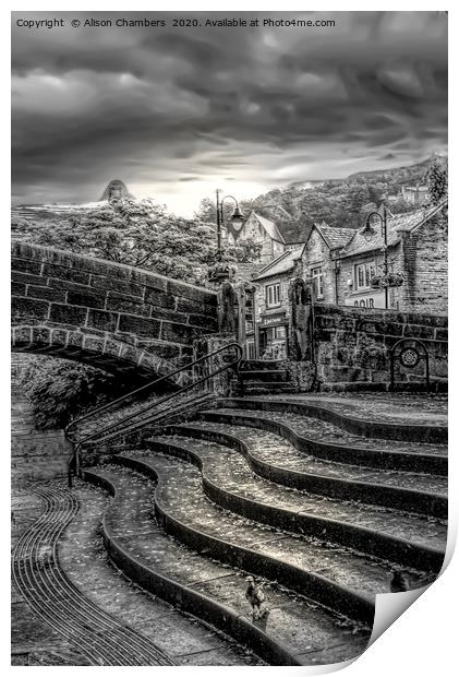 Hebden Old Bridge and Steps Print by Alison Chambers