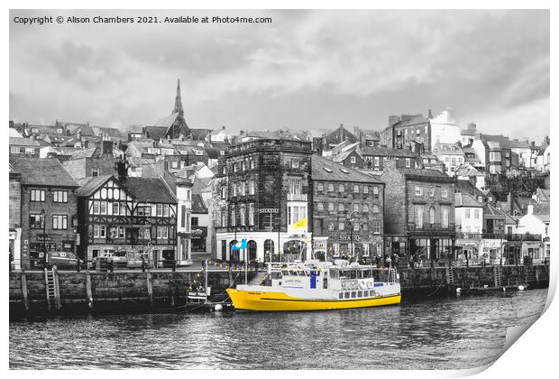 Whitby Harbour Yellow boat, North Yorkshire Coast  Print by Alison Chambers