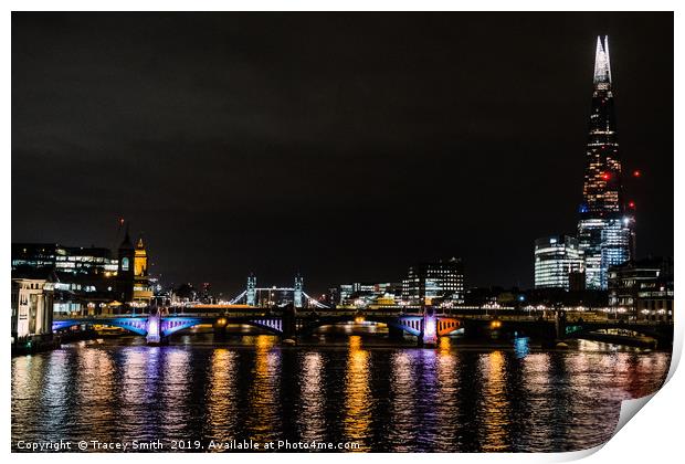 London at Night from Waterloo Bridge Print by Tracey Smith