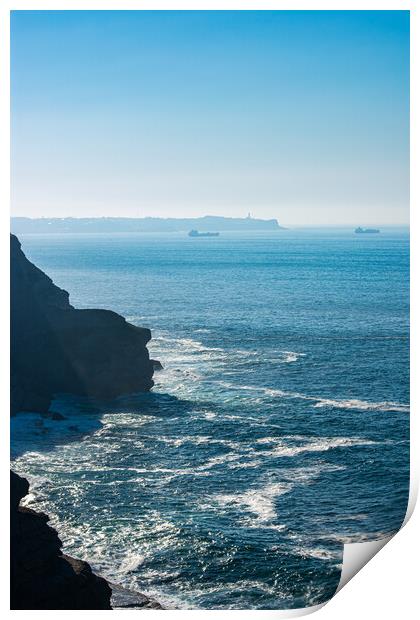 coastline cut into the ocean with boats and lighthouse Cabo Mayor Print by David Galindo