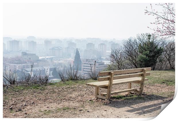 empty wooden bench in spring park over the city Print by David Galindo