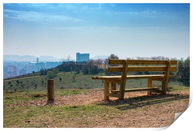 empty wooden bench in spring park over the city Print by David Galindo