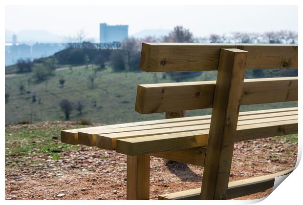 close empty wooden bench in spring park over the city Print by David Galindo
