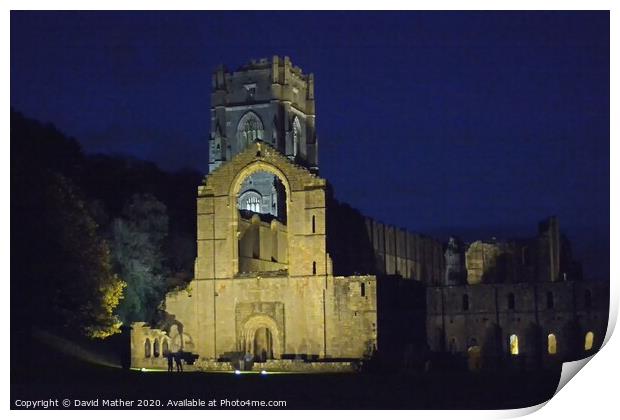 Fountains Abbey by night light Print by David Mather