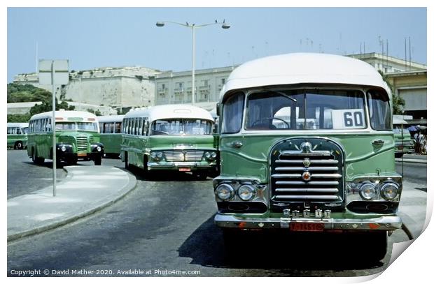 Classic buses at Valetta bus station, Malta Print by David Mather
