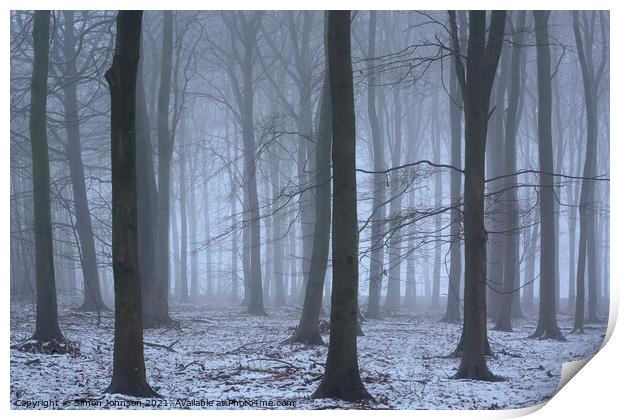 Winter Woodland mist Print by Simon Johnson