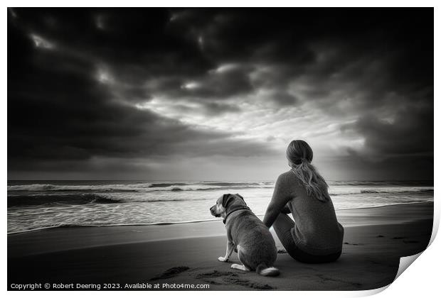 Woman and Dog Sitting On Beach Print by Robert Deering