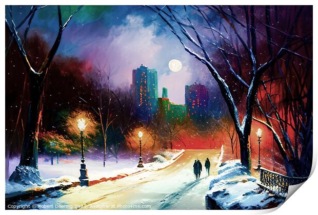 Central Park At Night In Winter With Moon Print by Robert Deering
