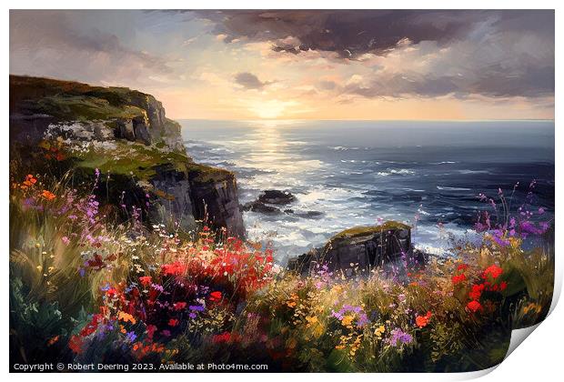 Sea cliffs and wildflowers at sunset 1 Print by Robert Deering