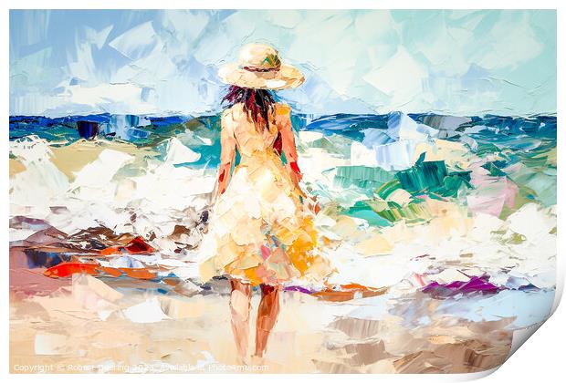 Girl In Hat On The Beach Print by Robert Deering