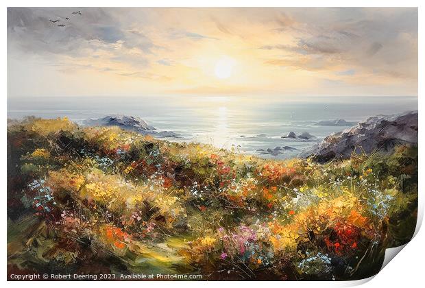 Sea Cliifs and Wildflowers Golden Hour 1 Print by Robert Deering