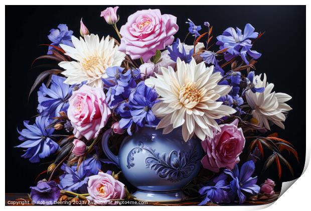 Floral Displat Of Roses, Cornflowers And Chrysanth Print by Robert Deering
