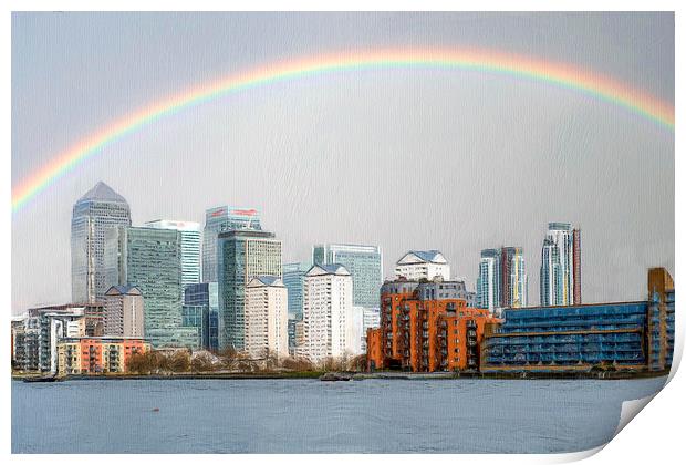Rainbow over Canary Wharf Print by Robert Deering