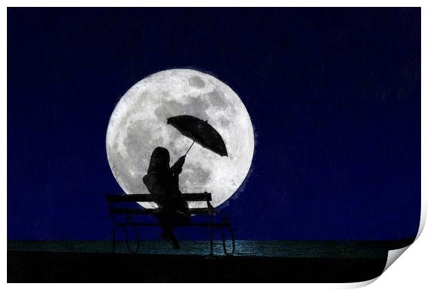 girl and moon Print by Robert Deering