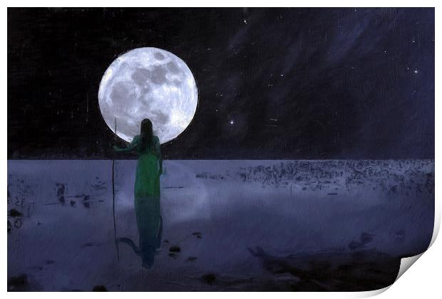 Girl in Lake against the moon Print by Robert Deering
