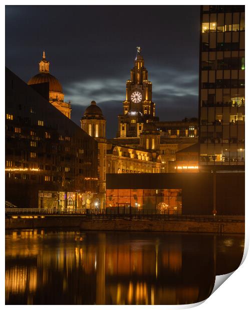 Pier Head and The Liverbuilding at night. Print by Liam Neon