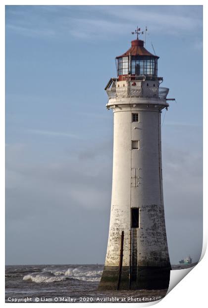 New Brighton Lighthouse in stormy weather Print by Liam Neon