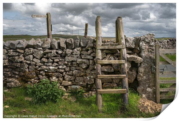 Ladder Stile over Dry Stone Wall in Yorkshire Dales with Finger Post Print by Lewis Gabell