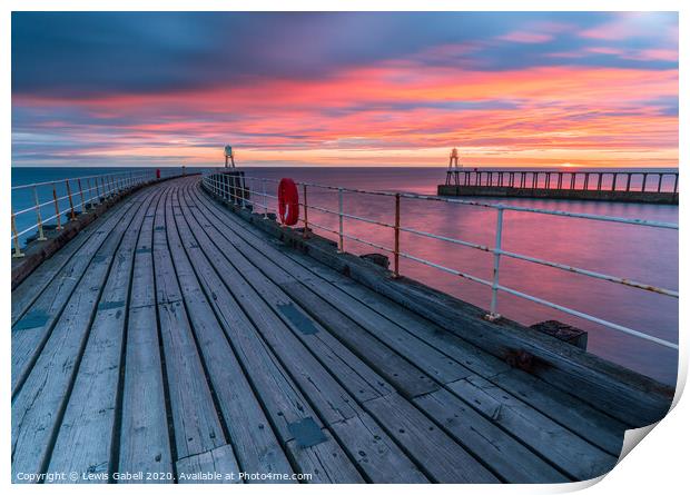 Fiery Sunrise at Whitby Pier, Yorkshire, UK Print by Lewis Gabell