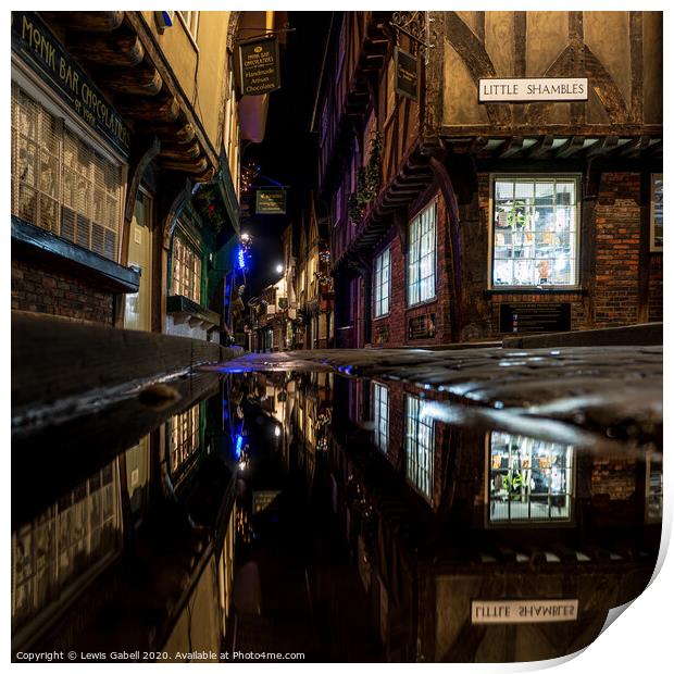 The Shambles, York - Nighttime Reflections on the Historic Roman Street Print by Lewis Gabell