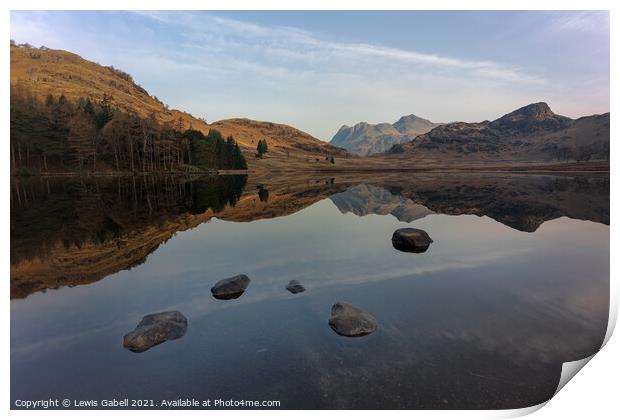 Reflections of Langdale Pikes from Blea Tarn, Lake Print by Lewis Gabell