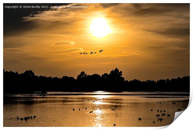 Geese Flying Over Big Waters at Sunset  Print by Aimie Burley