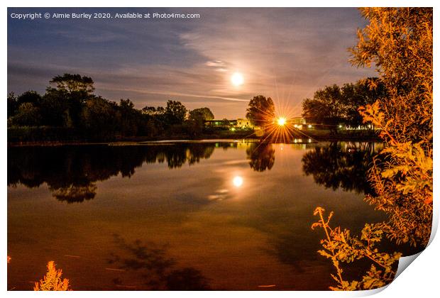 Golden moon over the lake Print by Aimie Burley