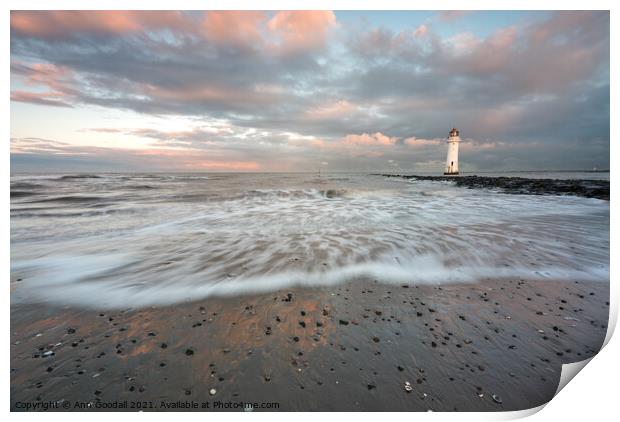 Incoming tide at Perch Rock lighthouse Print by Ann Goodall