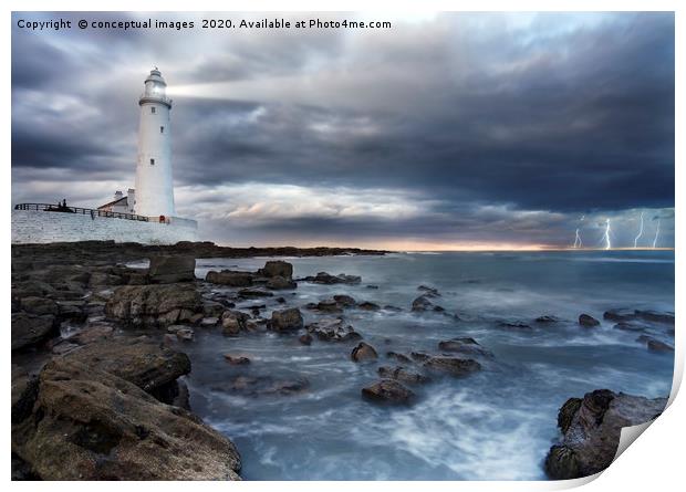 A view of a lighthouse a storm Print by conceptual images