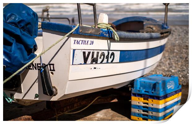 Fishing boat on Cromer beach Print by Chris Yaxley