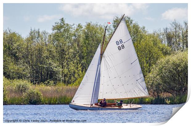 Traditional wooden sailboat on Wroxham Broad, Norfolk Print by Chris Yaxley