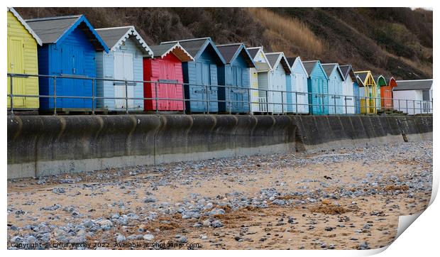 Beach huts on Cromer Beach, North Norfolk Coast Print by Chris Yaxley