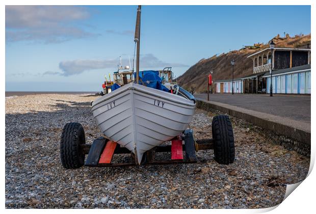Front on view of fishing boat on Cromer beach, North Norfolk Coast Print by Chris Yaxley