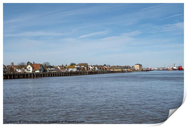 View down the River Yare towards the seaside towns of Great Yarmouth on the East and Gorleston on the West. Captured on a bright and sunny day Print by Chris Yaxley