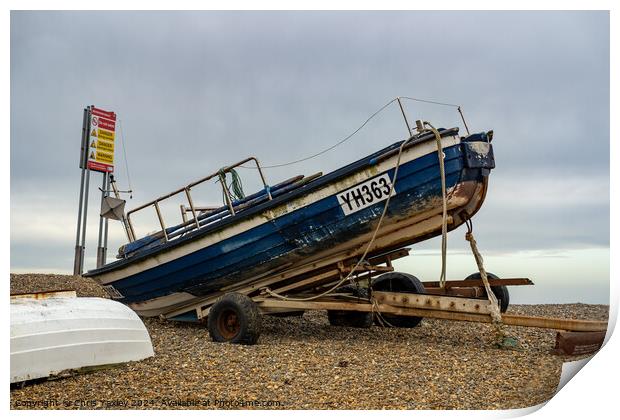 Fishing boat on Weybourne beach, North Norfolk Print by Chris Yaxley
