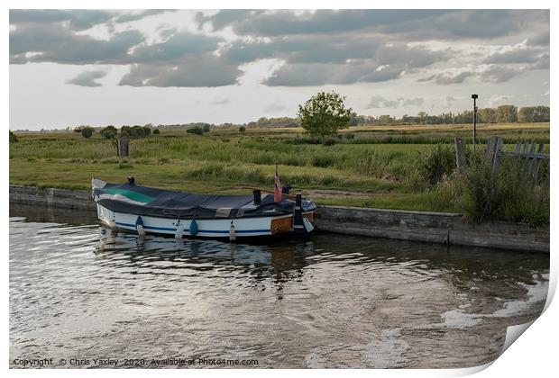 Moored on Thurne Dyke at dusk Print by Chris Yaxley