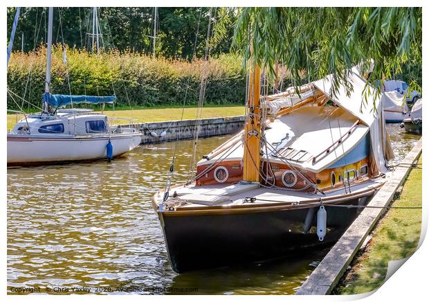 Traditional wooden sailing boat, Norfolk Broads Print by Chris Yaxley