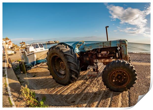 Fisheye view of a tractor, trailer and fishing boa Print by Chris Yaxley