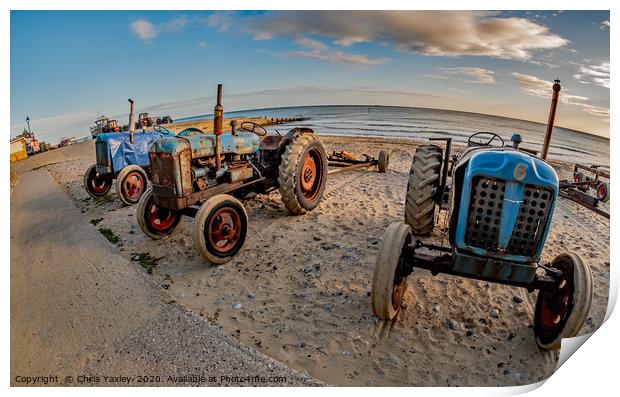 Fisheye view of tractors on Cromer beach, Norfolk Print by Chris Yaxley