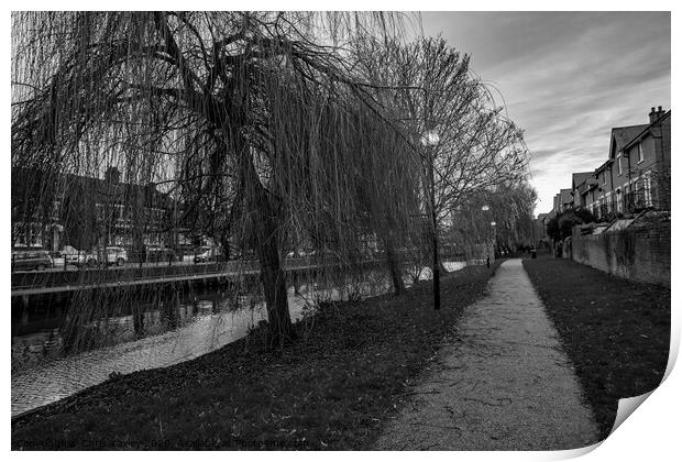 Wensum riverside walk, Norwich bw Print by Chris Yaxley