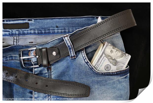 100 usd banknotes visible in the pocket of a jeans lying on the floor, your jeans and 100 usd, Print by nazife hatipoğlu