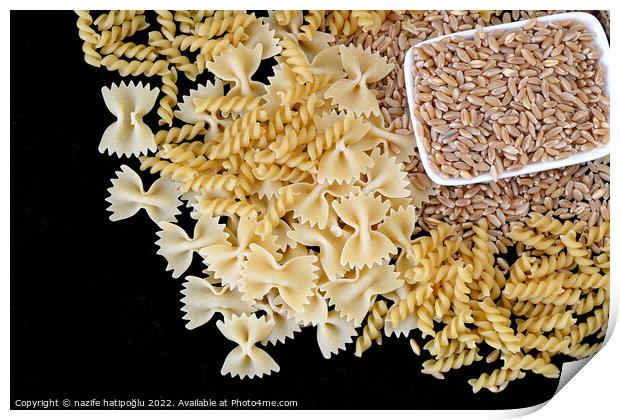 some dry wheat and different shapes of pasta standing on black background,close-up of macaroni and wheat together, Print by nazife hatipoğlu